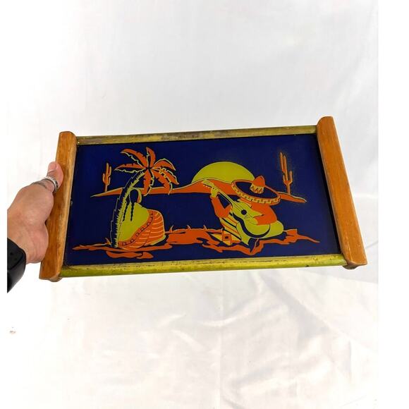 Vintage Reverse Painted Glass Wooden Serving Tray Southwestern Art Desert Couple - Picture 5 of 14